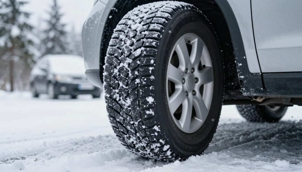 A close-up view of a winter tire on a snowy road, showcasing its deep treads and unique rubber composition designed for superior traction. In the foreground, the tire is positioned at an angle, with snowflakes gently landing around it, highlighting the chilly environment. In the middle ground, the blurred outline of a snow-covered car can be seen, emphasizing the tire's functionality. The background features a winter landscape with evergreen trees dusted with snow, under a softly overcast sky that emits cool, diffused lighting. The overall mood should feel crisp and invigorating, encapsulating the essence of winter driving safety and performance. The image should be sharp, focusing on the details of the tire's tread pattern, with a shallow depth of field to enhance the foreground subject. A close-up view of a winter tire on a snowy road, showcasing its deep treads and unique rubber composition designed for superior traction. In the foreground, the tire is positioned at an angle, with snowflakes gently landing around it, highlighting the chilly environment. In the middle ground, the blurred outline of a snow-covered car can be seen, emphasizing the tire's functionality. The background features a winter landscape with evergreen trees dusted with snow, under a softly overcast sky that emits cool, diffused lighting. The overall mood should feel crisp and invigorating, encapsulating the essence of winter driving safety and performance. The image should be sharp, focusing on the details of the tire's tread pattern, with a shallow depth of field to enhance the foreground subject.