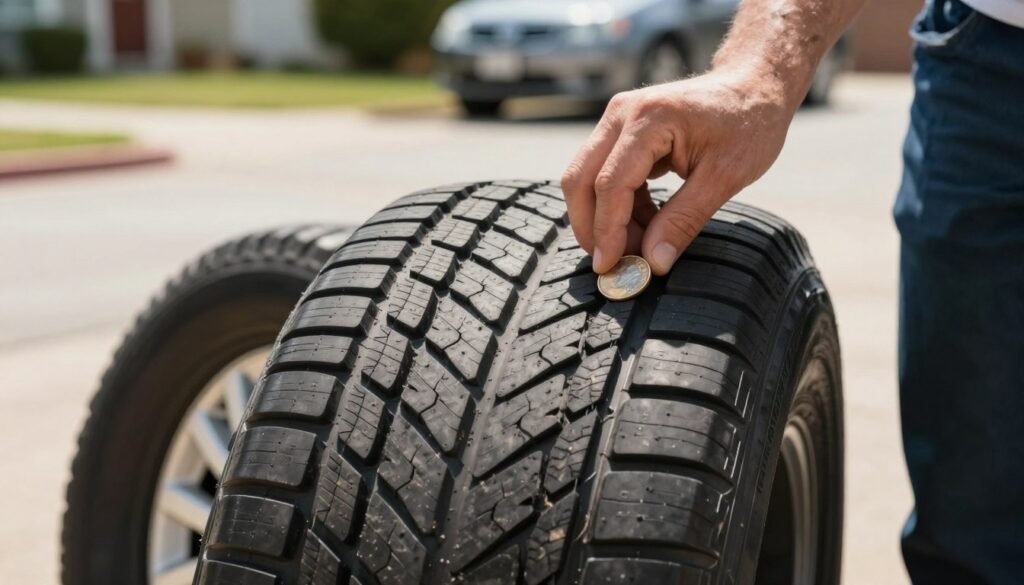 A close-up of a tire tread being measured with a penny test, showing the tire clearly positioned on a driveway or garage floor. In the foreground, a hand in a professional, modest casual attire is inserting a penny into the tread grooves to assess depth. The middle section captures the rugged texture of the tire, emphasizing the tread pattern and the depth of the grooves. In the background, a sunny day with a blurred view of a car parked in a residential setting enhances the scene. The lighting should be natural, with sunlight casting soft shadows that highlight the tire's details. The mood is informative and focused, suitable for a practical guide on tire maintenance, featuring the brand "KC Tire Group." A close-up of a tire tread being measured with a penny test, showing the tire clearly positioned on a driveway or garage floor. In the foreground, a hand in a professional, modest casual attire is inserting a penny into the tread grooves to assess depth. The middle section captures the rugged texture of the tire, emphasizing the tread pattern and the depth of the grooves. In the background, a sunny day with a blurred view of a car parked in a residential setting enhances the scene. The lighting should be natural, with sunlight casting soft shadows that highlight the tire's details. The mood is informative and focused, suitable for a practical guide on tire maintenance, featuring the brand "KC Tire Group."
