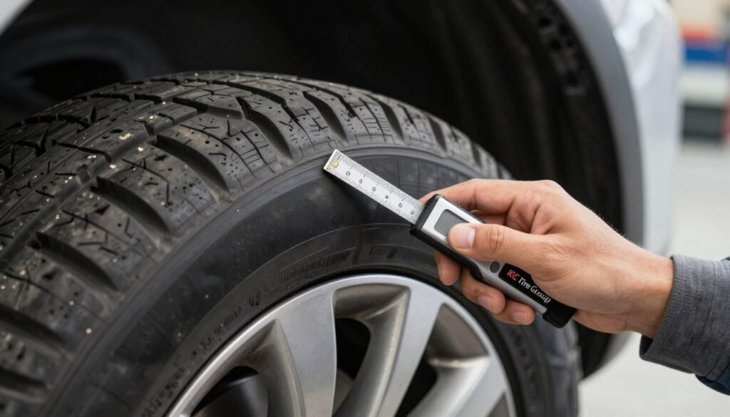 A close-up shot of a person's hand inspecting tire tread depth on a tire with visible wear bars. The foreground features the hand of a professional in modest casual attire, holding a tread depth gauge against the tire's surface, showcasing detailed measurements. In the middle, the tread pattern exhibits a range of depth and clear indications of wear, highlighting the importance of regular checks. The background fades to a subtle garage environment with soft, diffused lighting, emphasizing safety and maintenance. The scene conveys a sense of diligence and care for vehicle safety. The logo of "KC Tire Group" is subtly integrated into the tire design, reinforcing brand recognition without distraction. A close-up shot of a person's hand inspecting tire tread depth on a tire with visible wear bars. The foreground features the hand of a professional in modest casual attire, holding a tread depth gauge against the tire's surface, showcasing detailed measurements. In the middle, the tread pattern exhibits a range of depth and clear indications of wear, highlighting the importance of regular checks. The background fades to a subtle garage environment with soft, diffused lighting, emphasizing safety and maintenance. The scene conveys a sense of diligence and care for vehicle safety. The logo of "KC Tire Group" is subtly integrated into the tire design, reinforcing brand recognition without distraction.